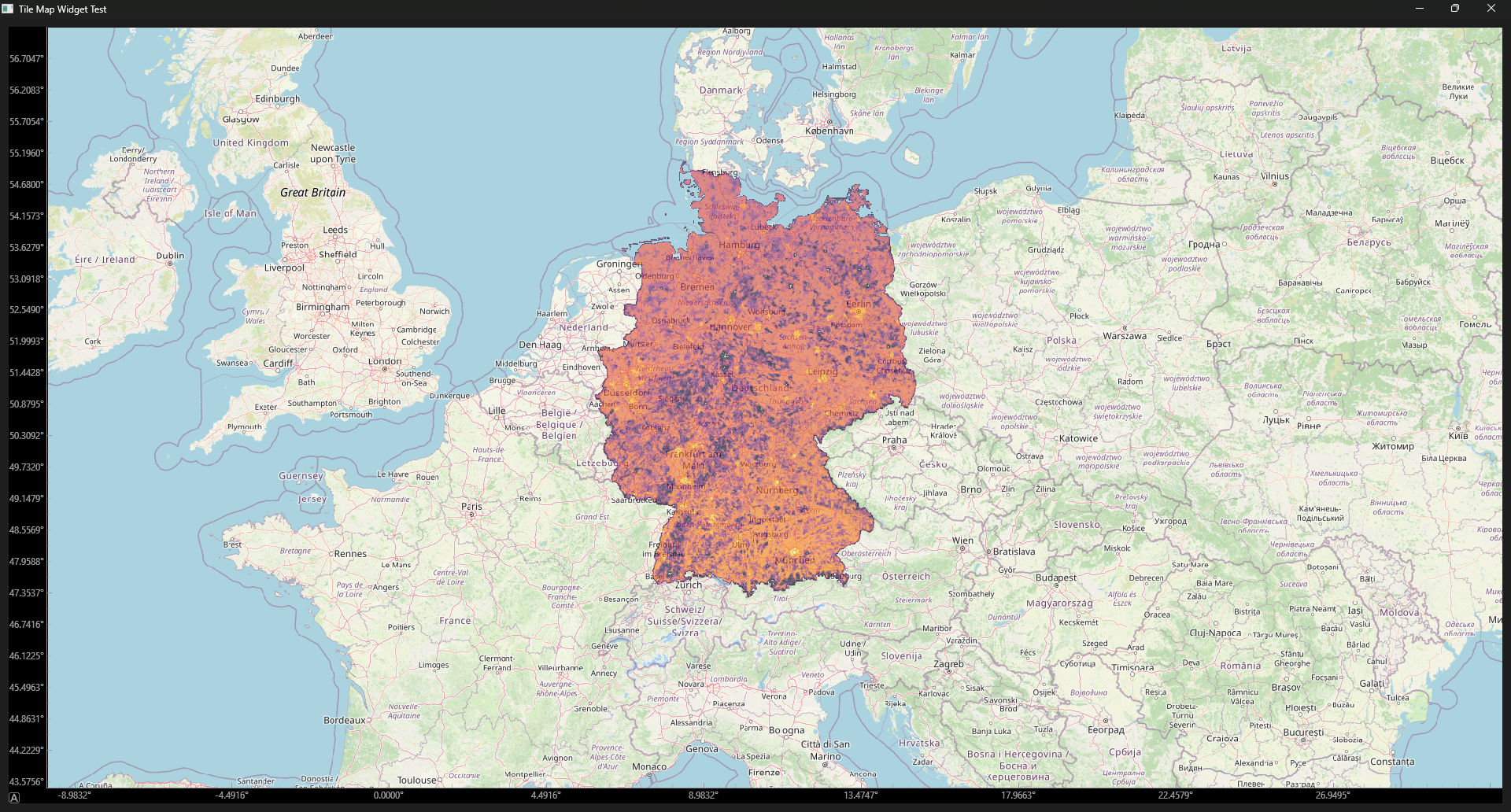 Image showing the result of this example - A PyQt6 Window with a PyQtGraph-GIS MapWidget with a Heatmap Overlay